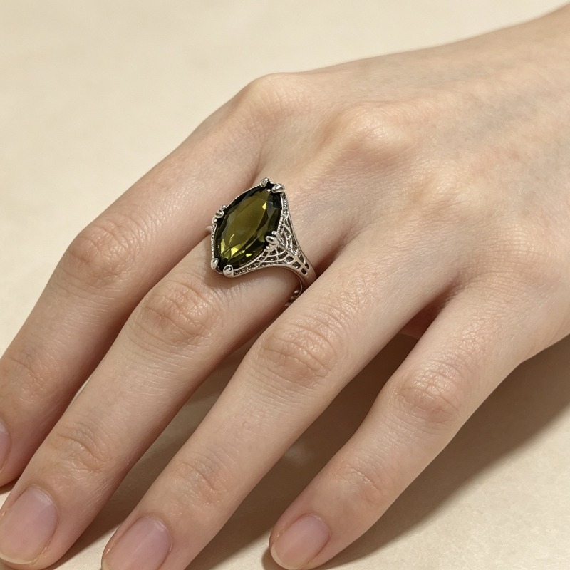 Women's Vintage Marquise Cut Olive Zirconia Ring, August Birthstone